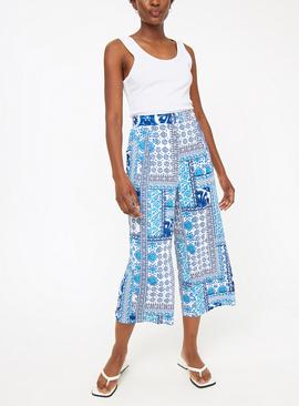 Blue Tile Printed Wide Leg Cropped Trousers 