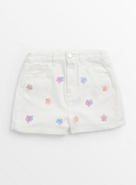 White Floral Embroidered Denim Shorts 13 years