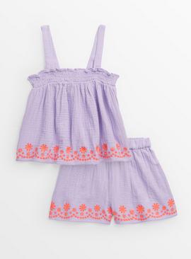 Lilac Embroidered Woven Top & Shorts Set  