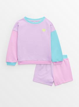 Pink Colour Block Sweatshirt & Shorts Set 