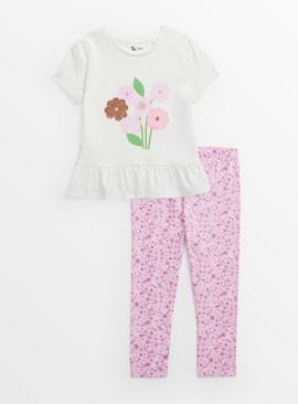 Floral Print T-Shirt & Pink Leggings Set  