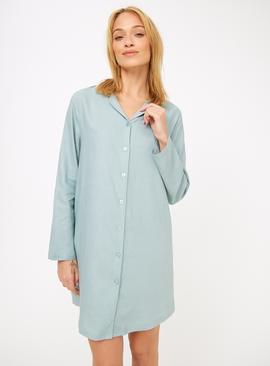 Blue Linen Blend Long Sleeve Night Shirt  