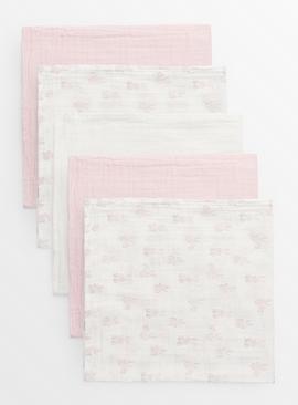 Pink Bunny Print & White Muslin Squares 5 Pack One Size