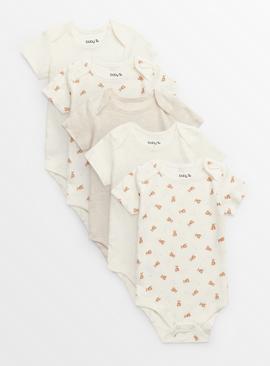 Cream Bear Print Short Sleeve Bodysuits 5 Pack