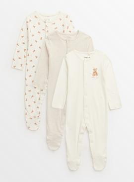 Cream Bear Print Sleepsuits 3 Pack