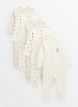 Cream Bear Print Sleepsuits 5 Pack