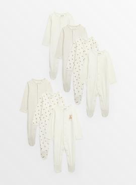 Cream Bear Print Long Sleeve Sleepsuits 7 Pack 9-12 months