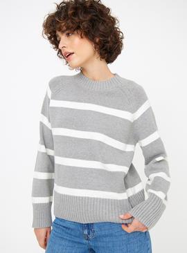 Grey Stripe Saddle Shoulder Knitted Jumper 
