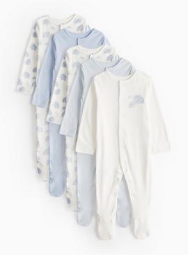 Blue Elephant Print Long Sleeve Sleepsuits 5 Pack
