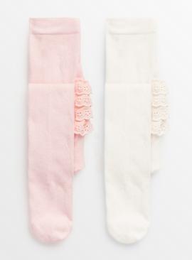 Pink & White Frill Tights 2 Pack
