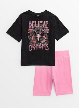 Black Graphic T-Shirt & Pink Cycling Shorts Set  12 years