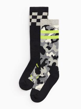 Black Chequered & Camo Welly Socks 2 Pack