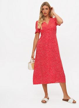 Red Floral Print Midaxi Tea Dress
