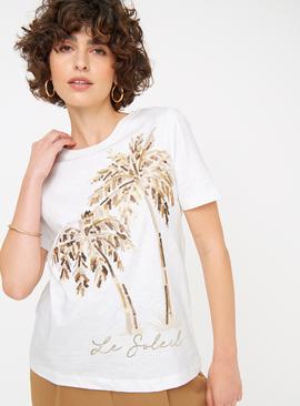 Cream Sequin Palm T-Shirt 