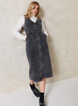 EVERBELLE Grey Washed Denim Midi Pinafore Dress