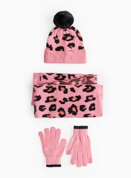 Pink Leopard Hat, Scarf & Gloves Set