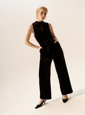 Black High Neck Wide-Leg Velvet Jumpsuit