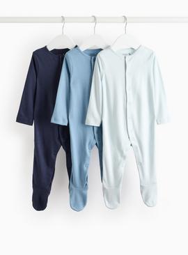 Plain Blue Long Sleeve Sleepsuits 3 Pack