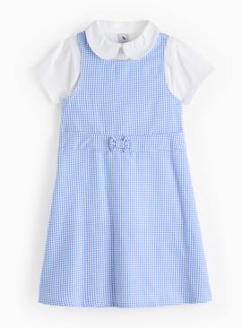 Blue Gingham Pinafore Dress with White Polo Shirt
