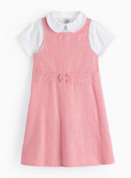 Red Gingham Pinafore Dress With White Polo Shirt