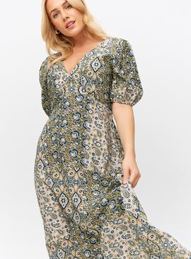 Green Paisley Printed Short Sleeve Midaxi Tea Dress