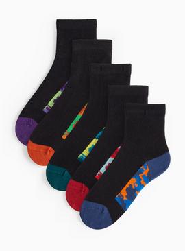 Black Camo Print Footbed Ankle Socks 5 Pack