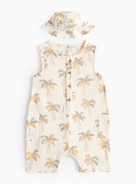 Palm Print Woven Romper & Bucket Hat