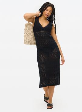 Black Pointelle Sleeveless Midi Dress