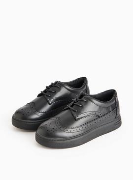 Black Faux Leather Brogue School Shoes