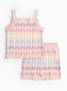 Pink Rainbow Stripe Knitted Top & Shorts Set