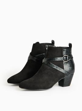 Black Faux Suede Buckle Strap Detail Heeled Ankle Boots