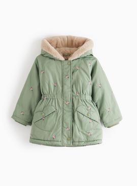 Flower Embroidered Parka Coat