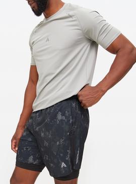 Black Double Layer Active Printed Shorts