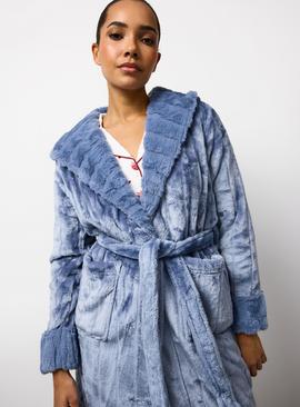 Blue Carved Fleece Hooded Dressing Gown