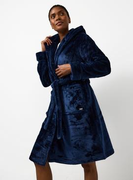 Navy Plush Fleece Hooded Dressing Gown