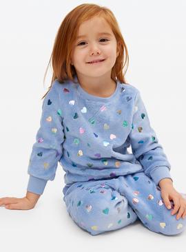 Blue Fleece Foil Hearts Pyjama Lounge Set