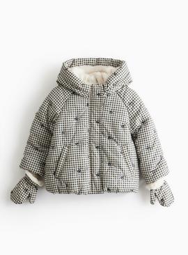Mono Gingham Print Hooded Puffer Coat