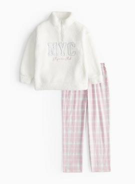 NYC Slogan Cream Fleece & Pink Check Pyjama Bottoms