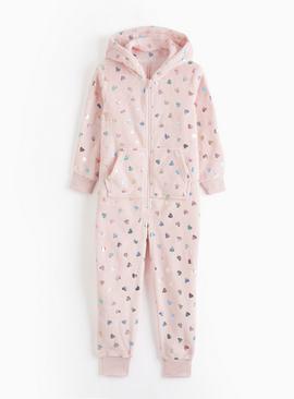 Pink Foil Hearts Print Fleece All-In-One