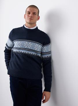 Navy Christmas Fairisle Striped Crew Jumper