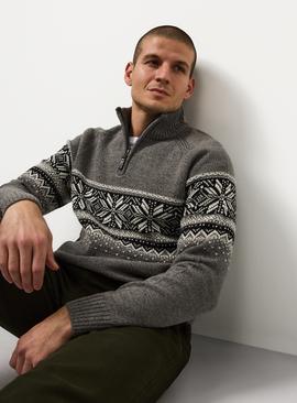 Grey Fairisle Striped Quarter Zip Jumper