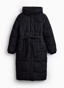 PETITE Black Longline Belted Padded Coat