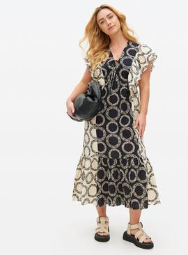 Mono Print Ruffle Tiered Midi Dress