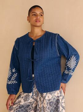 Quilted Embroidered Front Tie Denim Jacket