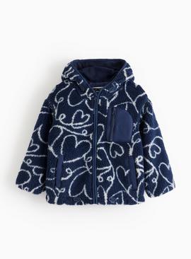 Navy Heart Printed Borg Jacket