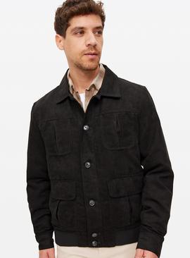 Black Faux Suede Collared Bomber Jacket