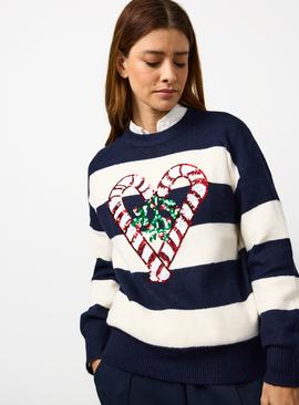 Christmas Candy Cane Heart Sequin Knitted Jumper