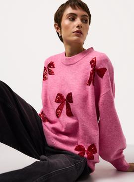 Mini Me Pink & Red Bow Sequin Embellished Jumper
