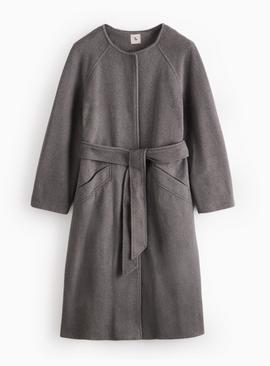 PETITE Grey Collarless Belted Coat