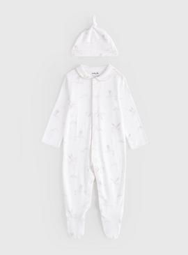 Unisex White Stork Print Sleepsuit & Hat